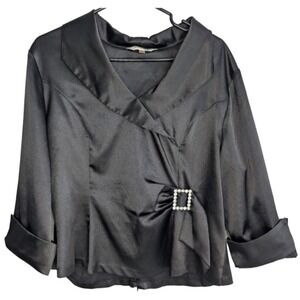 Tradition Women's Size 16 Petite Black Satin Fitted Glam Long‎ Sleeve Top Retro